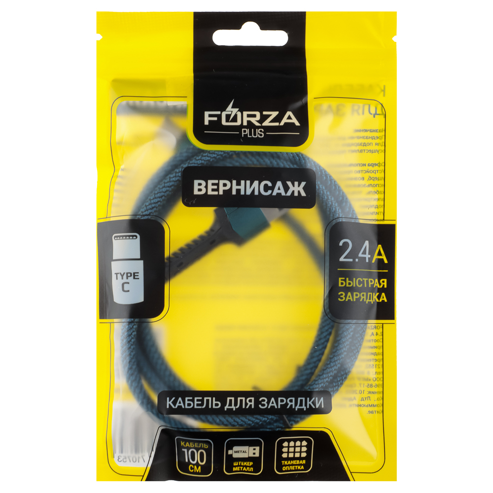 FORZA Кабель для зарядки Вернисаж Type-C, 1м, Быстрая зарядка 2.4А, 12W, тканевый , 3 цвета - #2