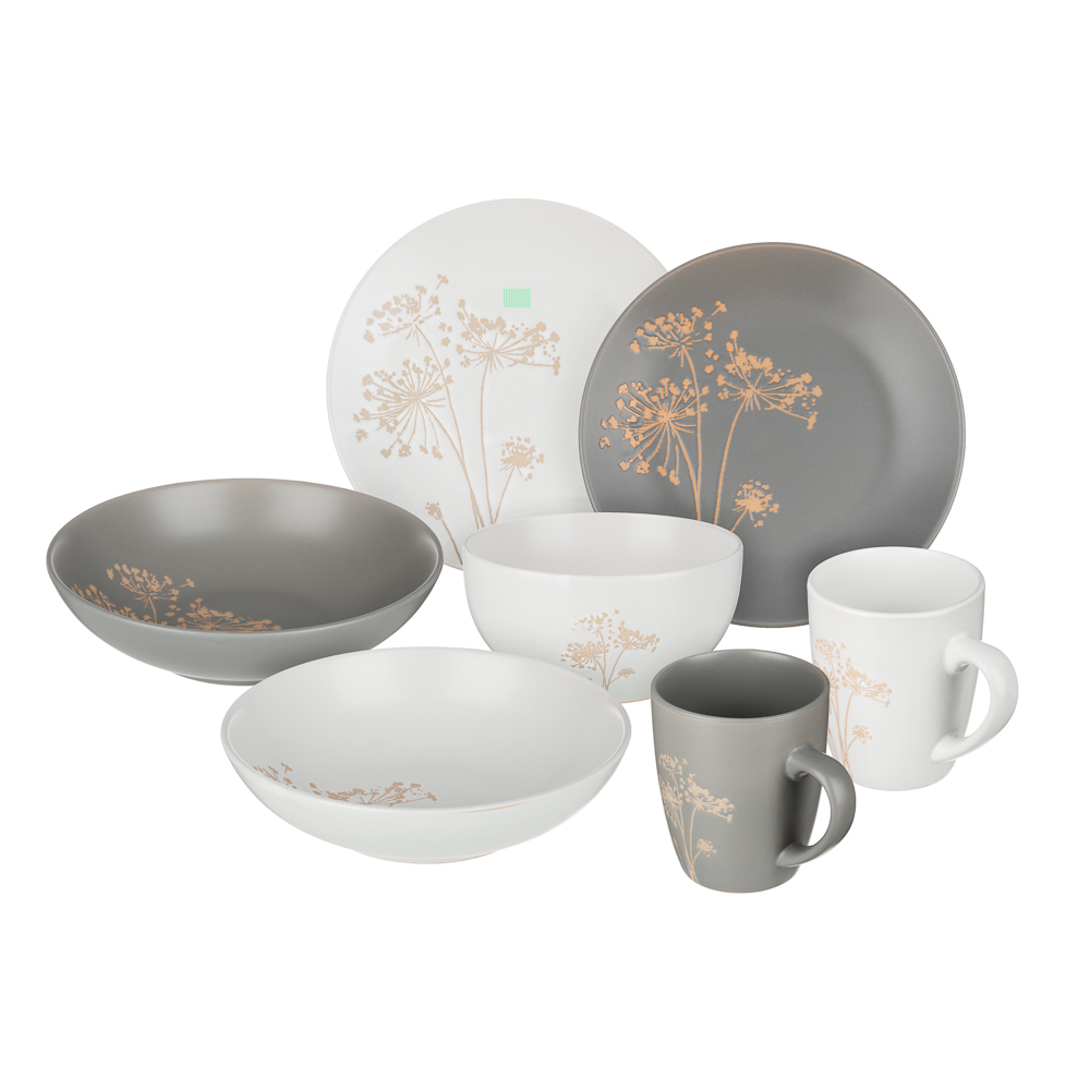 Набор посуды 12 пр. тм MILLIMI (тар19,5см*4, 20см*2, салатн14см*2, кружка340мл*4) керамика,сер.,бел. - #1