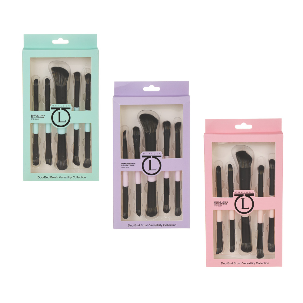 Набор кистей для визажа тм ЮНИLOOK 2-х сторонние 5 шт, пластик, металл, нейлон, 3 цвета, подар.уп. - #8