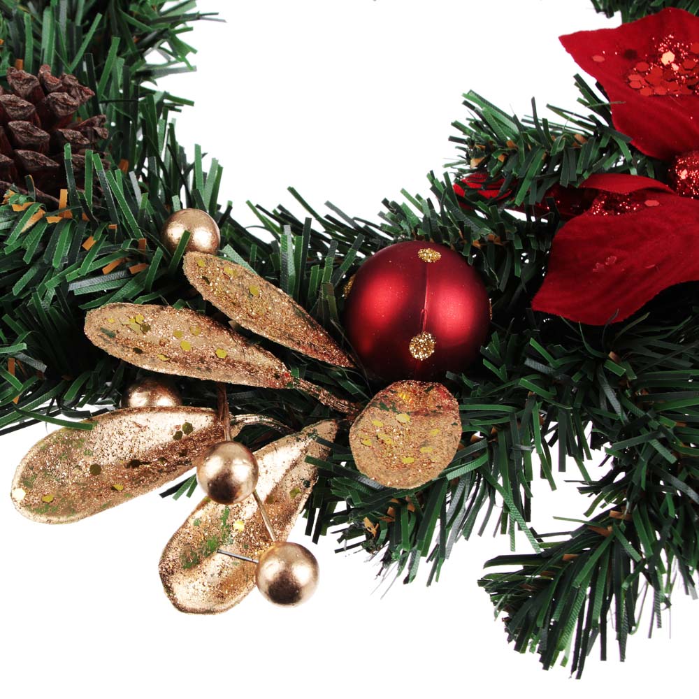 Венок Сноубум Рождественский еловый с цветами и шишками, красный с золотом, 30 см - #3