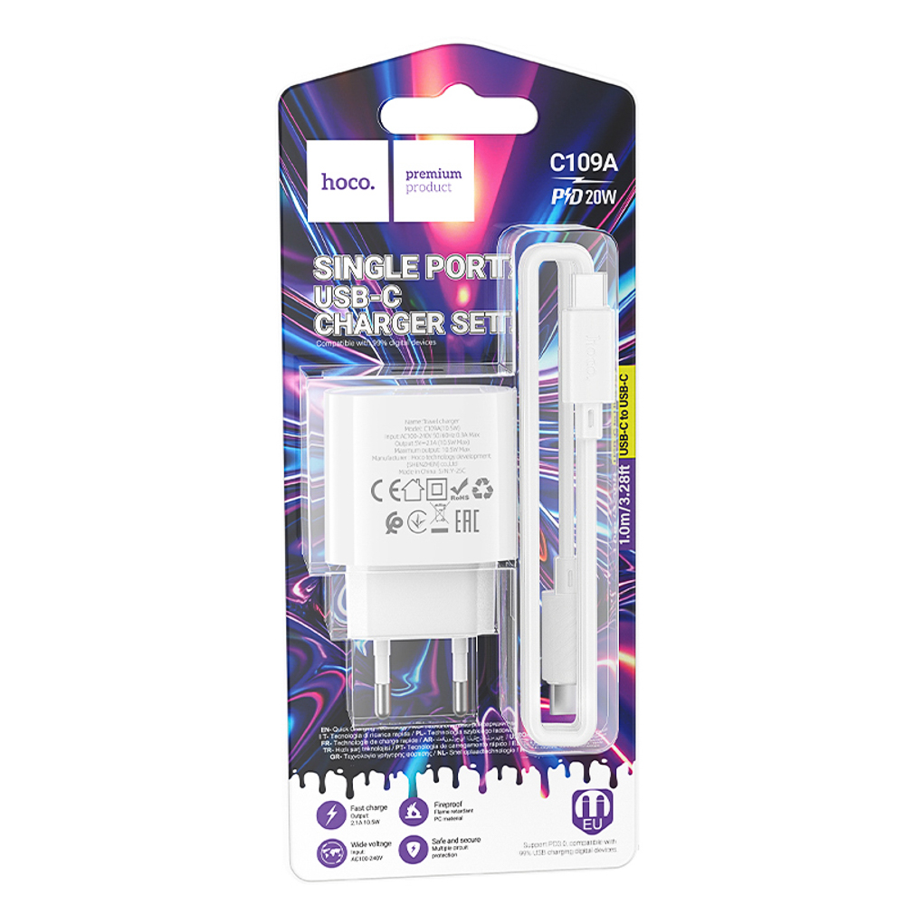 hoco. Комплект зарядное устройство с кабелем модель C109A, USB-С 20W PD, каб C-C 1м, цвет: белый - #2