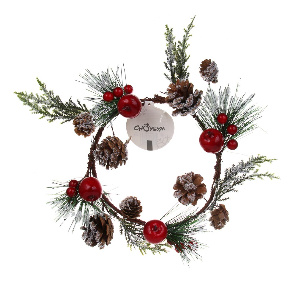 СНОУ БУМ Венок с ягодами и шишками заснеженный, (14,5 см - внутр Д) 30 см, металл, пластик - #4