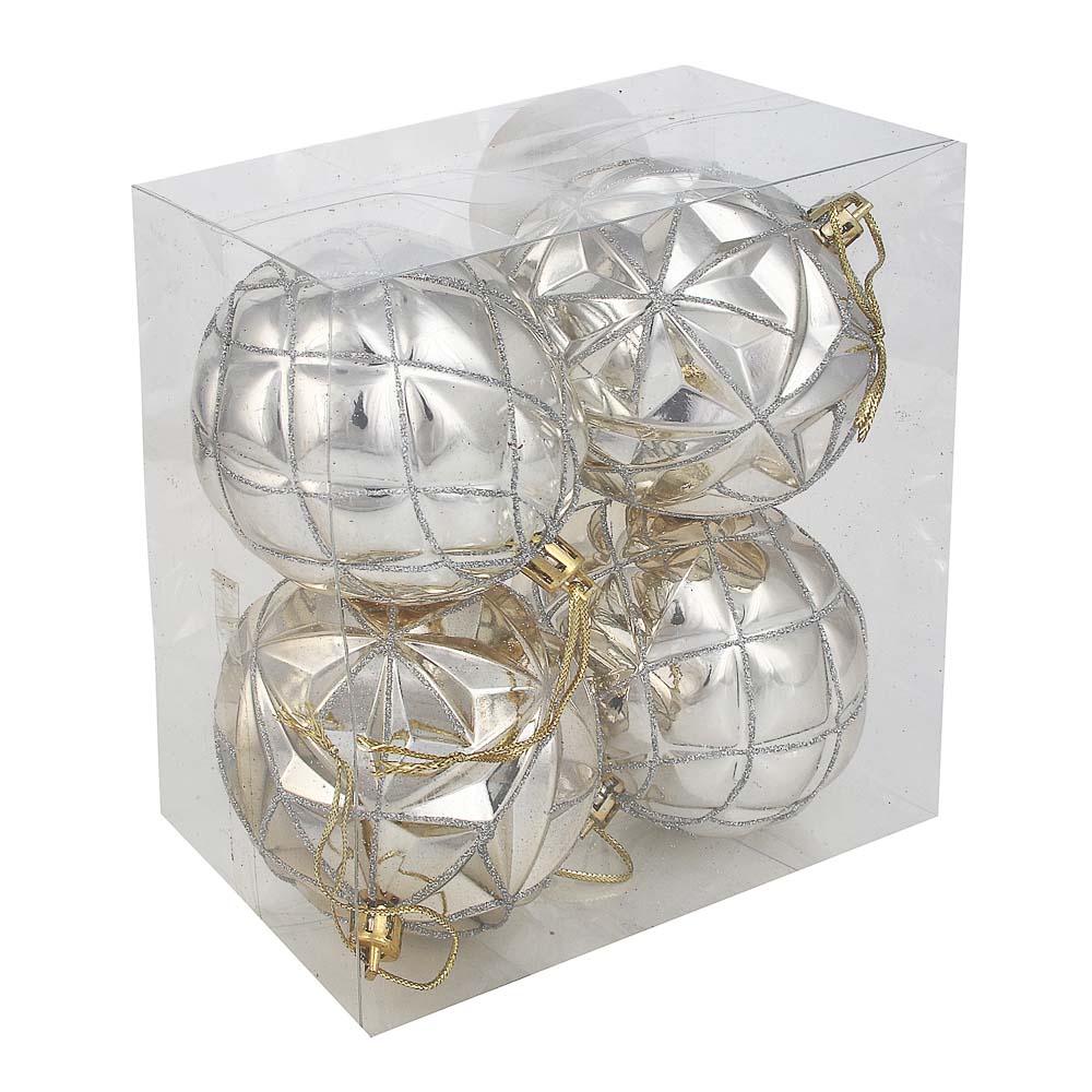 СНОУ БУМ Набор формовых шаров с декором 4шт 8см, шампань, 2 дизайна, пластик - #4