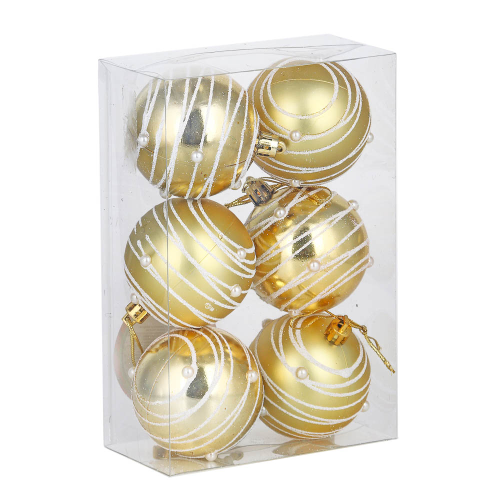 СНОУ БУМ Набор шаров с декором и бисером 6шт 6см, золото с белым, пластик - #4