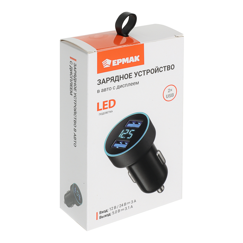ЕРМАК Зарядное устройство в авто с дисплеем, 2xUSB, 3.1А, 12/24В, пластик - #6