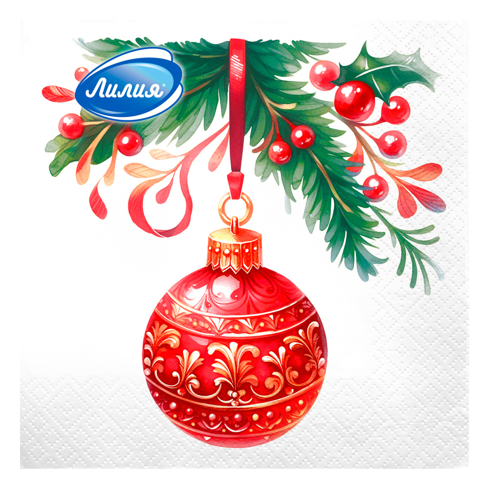 Салфетки бумажные Лилия Ассорти 2 слоя, Елка/Снегирь/Шар, 33х33см, 20л - #4
