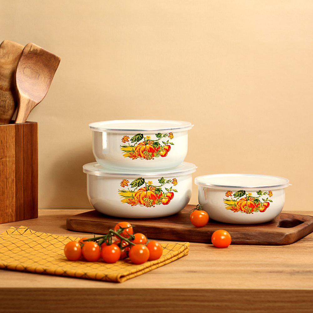 Набор эмалированных салатников с крышками, 6пр. (14/16/18см, 0,7/1,1/1,4л) "Тыквенный латте" - #7