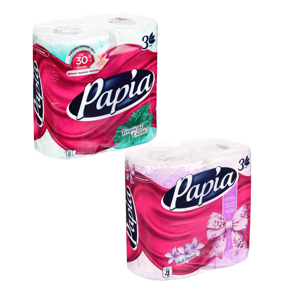 Туалетная бумага PAPIA балийский цветок/тропическая экзотика,3 слоя,4 рулона - #1