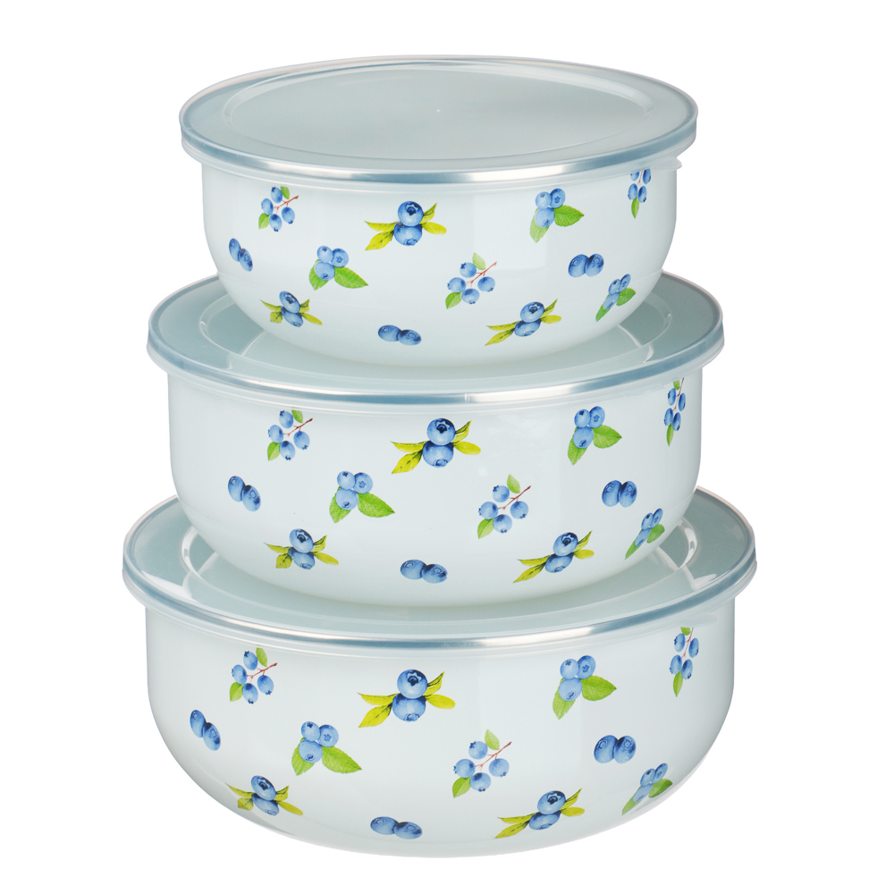 Набор эмалированных салатников с крышками, 6пр. (14/16/18см, 0,7/1,1/1,4л) "Голубика" - #1