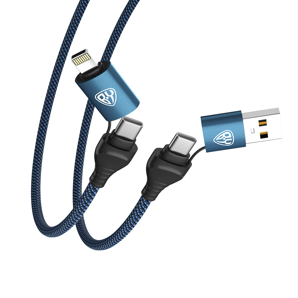 BY Кабель для зарядки Diverse 4в1 USB/iP/Type-C, 1м, Быстрая зарядка 65W, тканевый, синий - #5