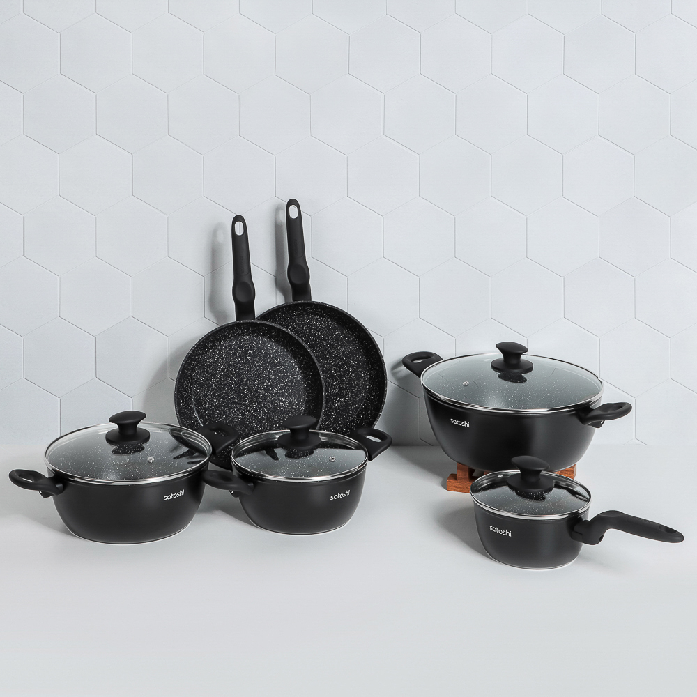 SATOSHI Стоун Наб.пос.10пр, ковш+крышка 1,3л, кастр.+крышки 2,3;3,8;5,7л, сковороды 24,28см, индукц. - #14