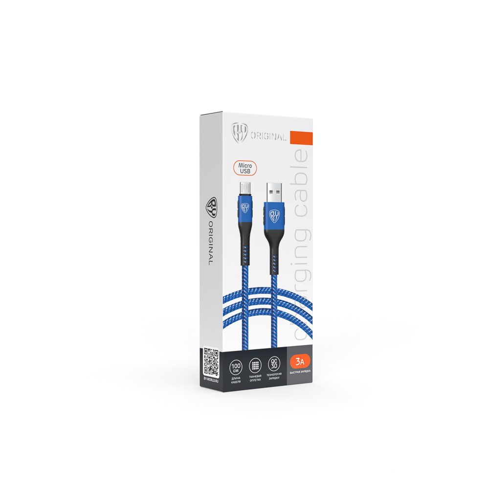 BY Кабель для зарядки Silky microUSB, 1м, Быстрая зарядка 3А, QC, PD 20W, тканевый, синий - #2