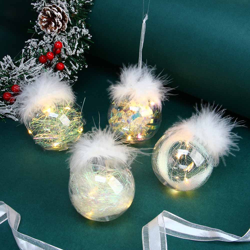 Шар новогодний Сноубум с перьями и подсветкой LED, 8 см - #1