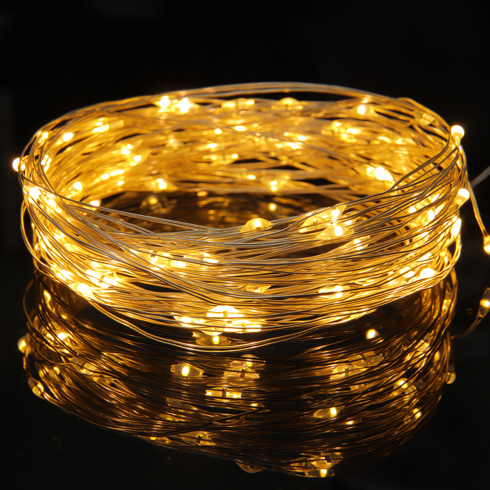 СНОУ БУМ Гирлянда эл. нить росы, 10м, 100LED, шампань, 8 режимов, провол. серебр. цвет, 3хАА - #1