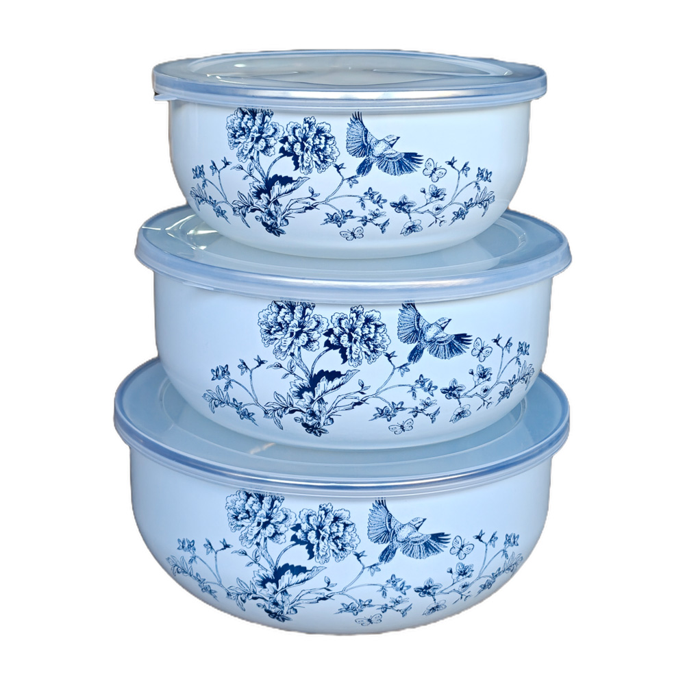 Набор эмалированных салатников с крышками, 6 пр. (14/16/18см, 0,7/1,1/1,4л) "Флорал" - #1