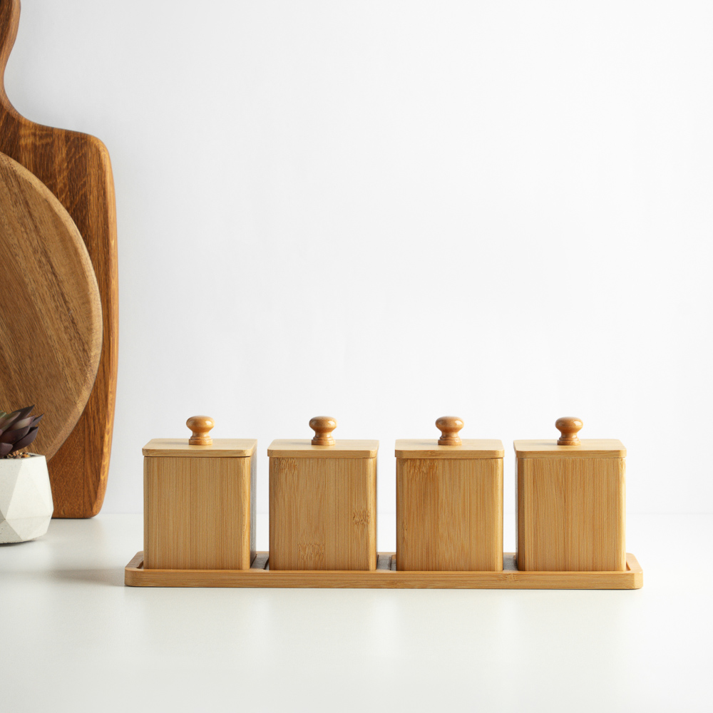 SATOSHI Набор банок для специй с крышками на подставке (7х7х10см – 4шт.), бамбук - #11