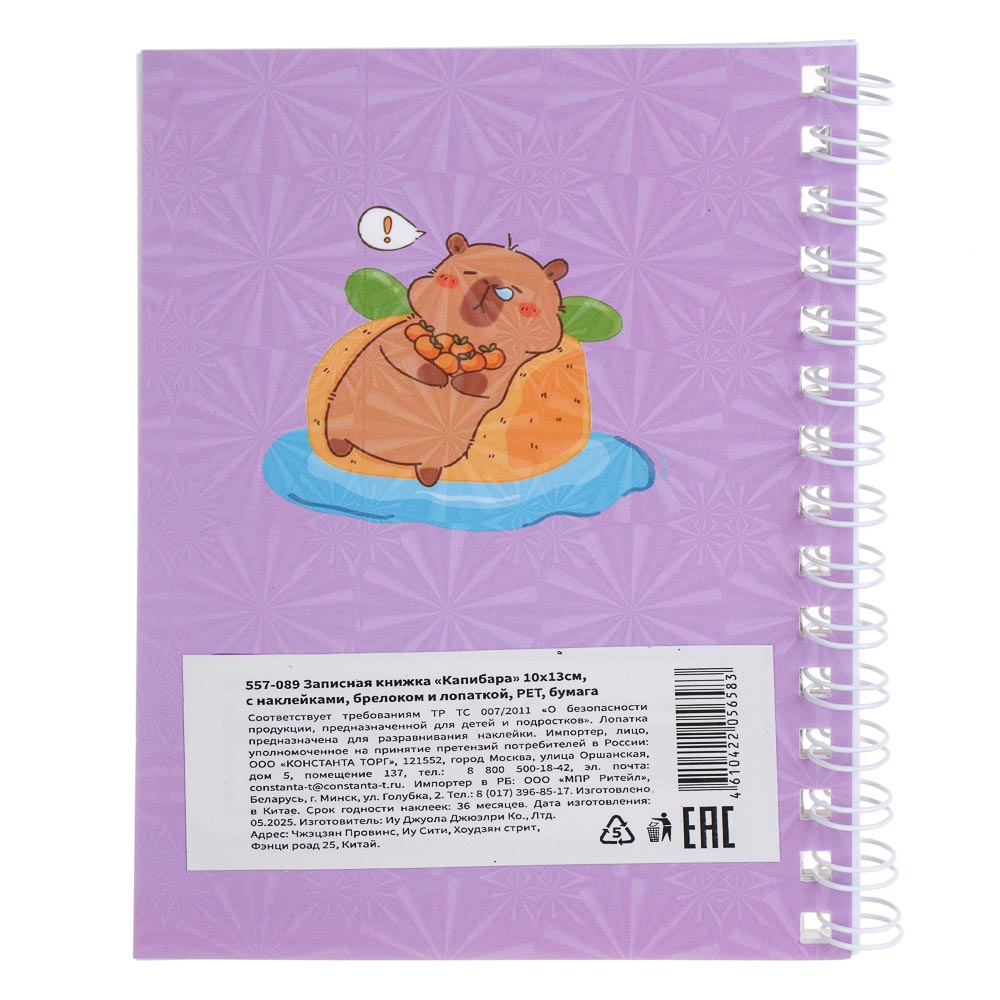 Записная книжка "Капибара" 10х13см, с наклейками, брелоком и лопаткой, PET, бумага, 6 диз., шоу-бокс - #10