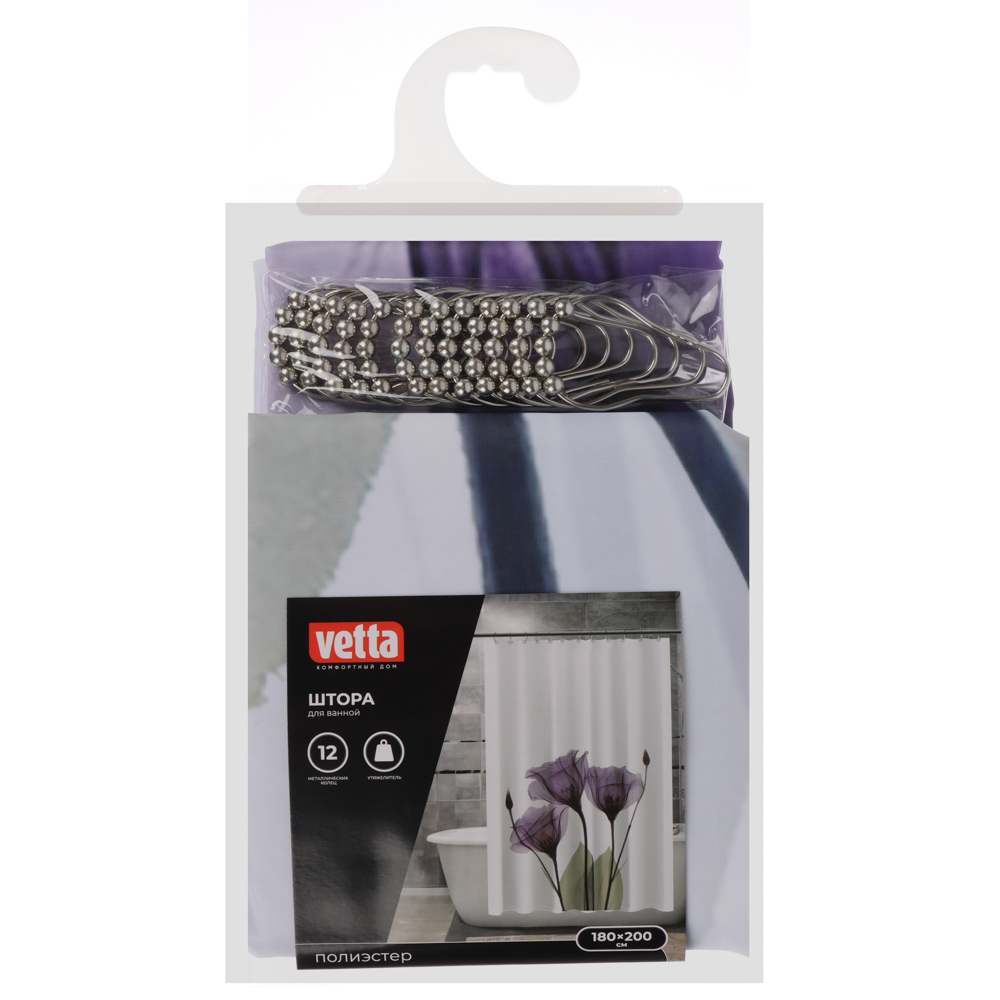 VETTA Шторка для ванной, с утяжелителем, полиэстер, 90 г/м2, 180x200см, Цветы, 057 - #5