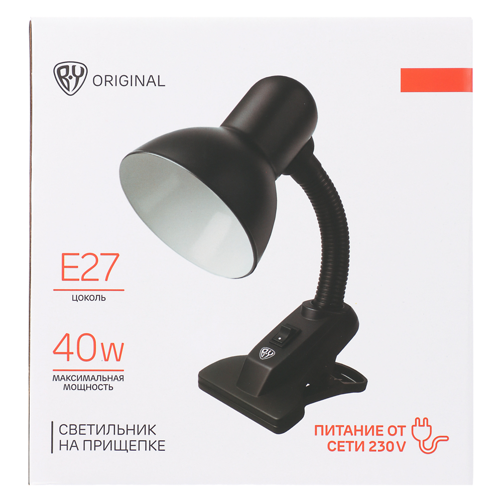 BY Светильник на прищепке, E27, 40 Вт, 230 В, гнущаяся ножка 10 см, шнур 75 см, черный - #10