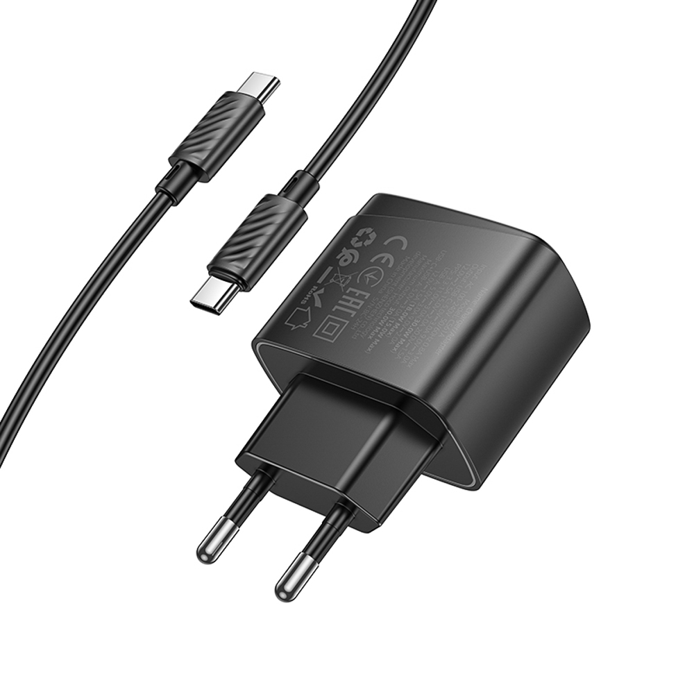 hoco. Зарядное устройство модель CS61A, USB+C 30W+ Кабель для зарядки С-С, цвет: черный - #7