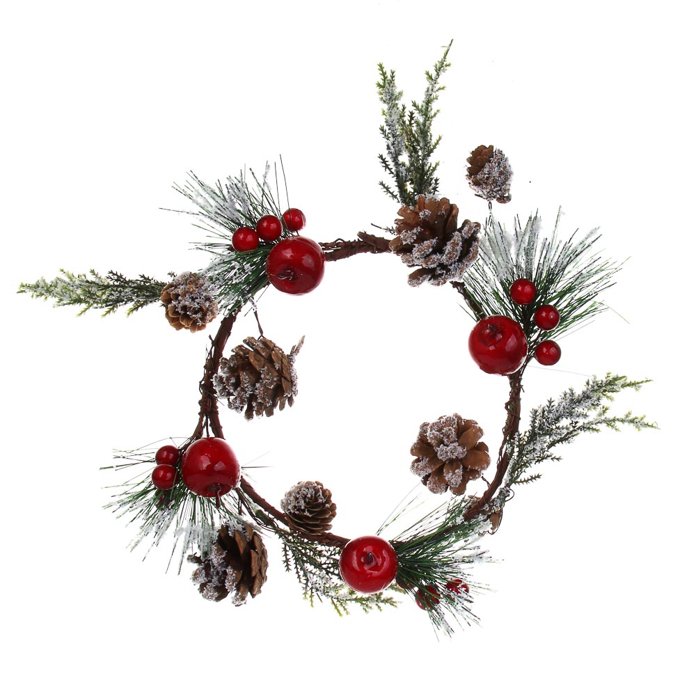 СНОУ БУМ Венок с ягодами и шишками заснеженный, (14,5 см - внутр Д) 30 см, металл, пластик - #1