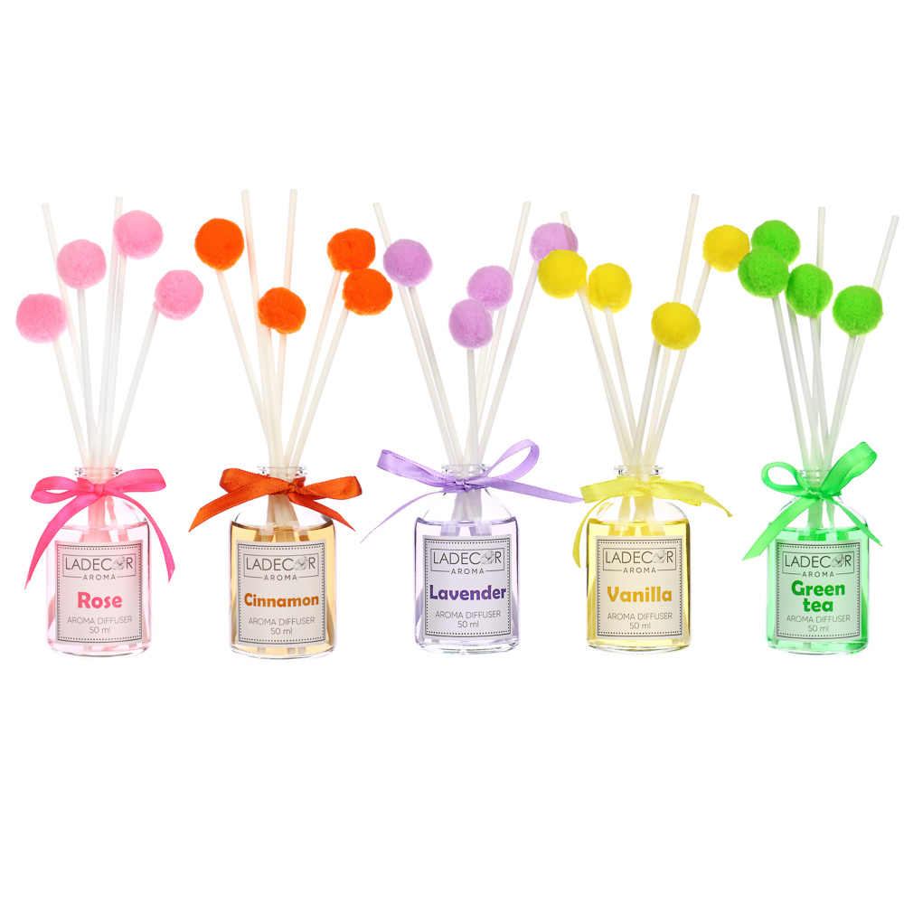 LADECOR Аромадиффузор с палочками и декором, 50мл, ароматы лаванды/корицы/розы/ванили/зеленого чая - #4