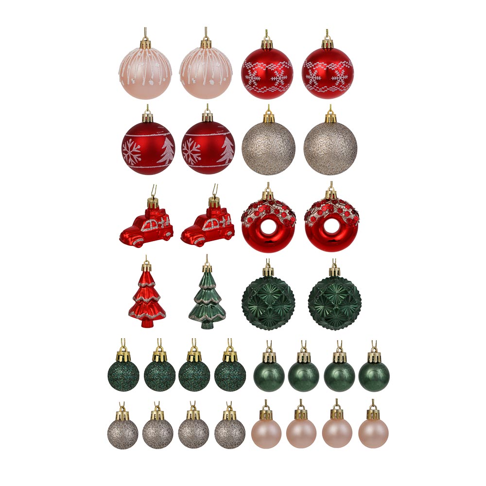 СНОУ БУМ Набор шаров и украшений, 32 шт, 3см, 6см, 7см, 8см, красный , зеленый, шампань - #1