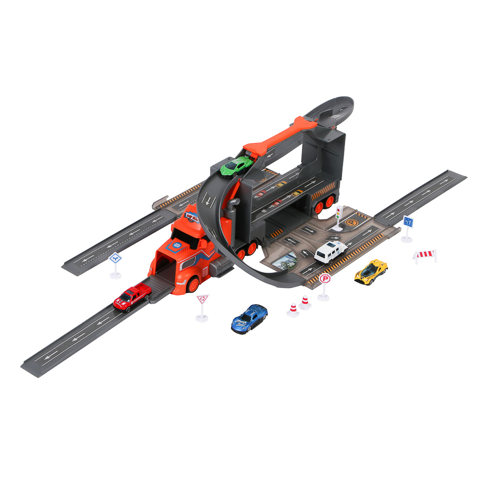 ИГРОЛЕНД Городской автовоз с треком, 5 машин, дорожные знаки, ABS, металл, 46,5х13х21 см - #16