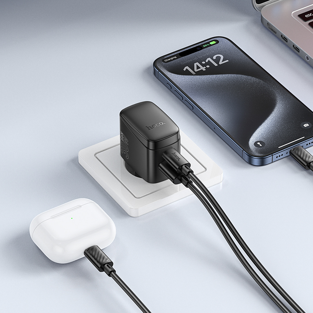 hoco. Зарядное устройство модель CS61A, USB+C 30W+ Кабель для зарядки С-С, цвет: черный - #8