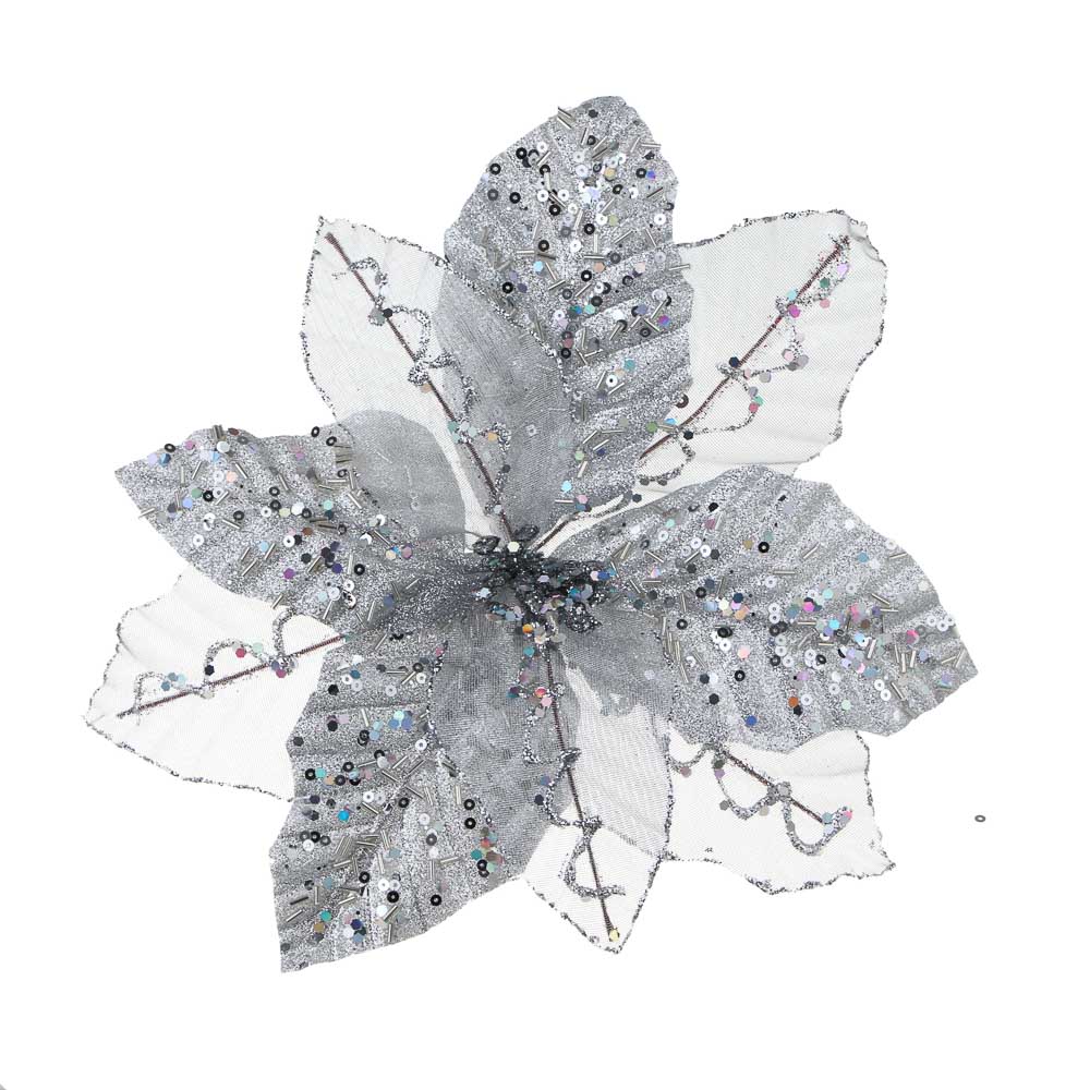 СНОУ БУМ Пуансетия 20 см на прищепке (9 лепестков), глиттер, металл, полиэстер, 26-524 - #3