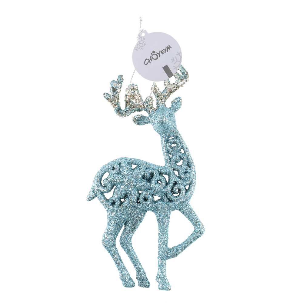 СНОУ БУМ Подвеска декоративная "Олень" 14 см, пластик, глиттер, голубой, 2 дизайна - #4