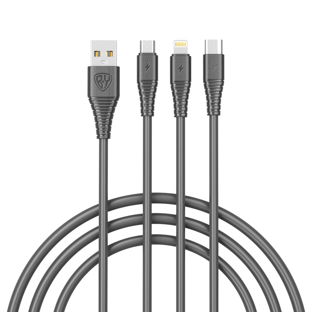 Кабель для зарядки 3в1 USB(A)-Type-C/microUSB/iP BY Base, 18W, 1,2 м, 3A, PVC, чёрный - #1