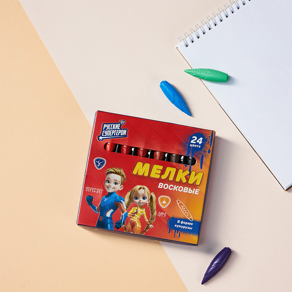 BY Русские Супергерои Мелки восковые пластиковые, 24 цвета, в форме кукурузы, 5,2 см, "Джуниор" - #7