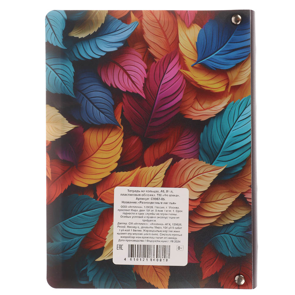 Тетрадь на кольцах А5, 80 л., клетка, обложка пластик, белый блок, микс - #12