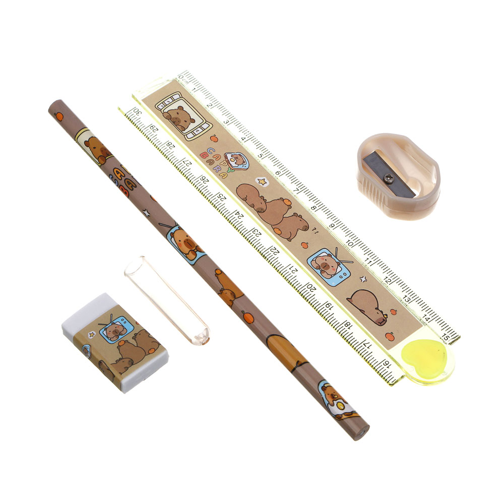 Набор канцелярский 4 пр., линейка раскладная, ластик, точилка, карандаш ч/гр "Капибара", ПВХ пенал - #2