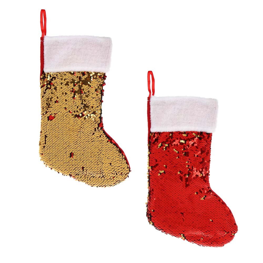 СНОУ БУМ Носок декоративный новогодний с двусторонними пайетками, 22х35см, полиэстер, 2 дизайна - #1