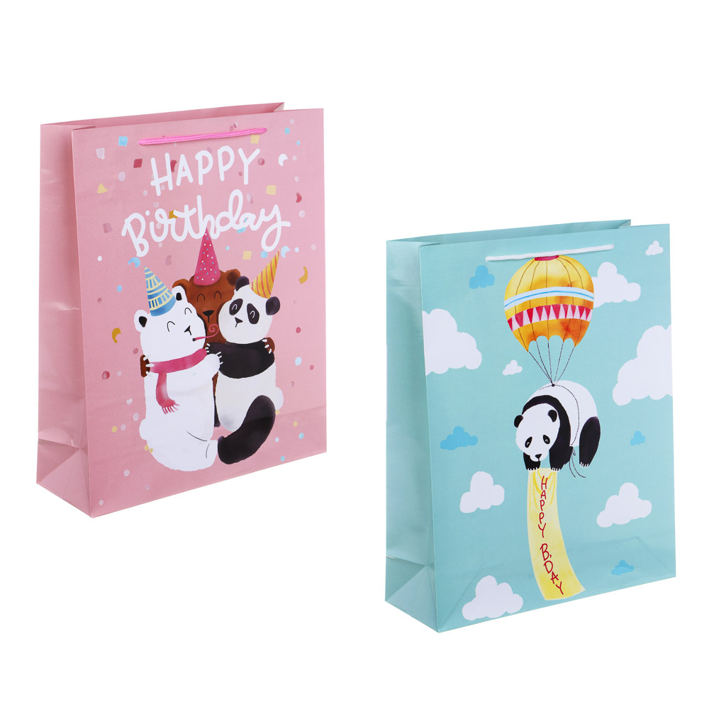Пакет подарочный бумажный, 26x32x9 см, 128 гр, 2 дизайна, Панды - #1