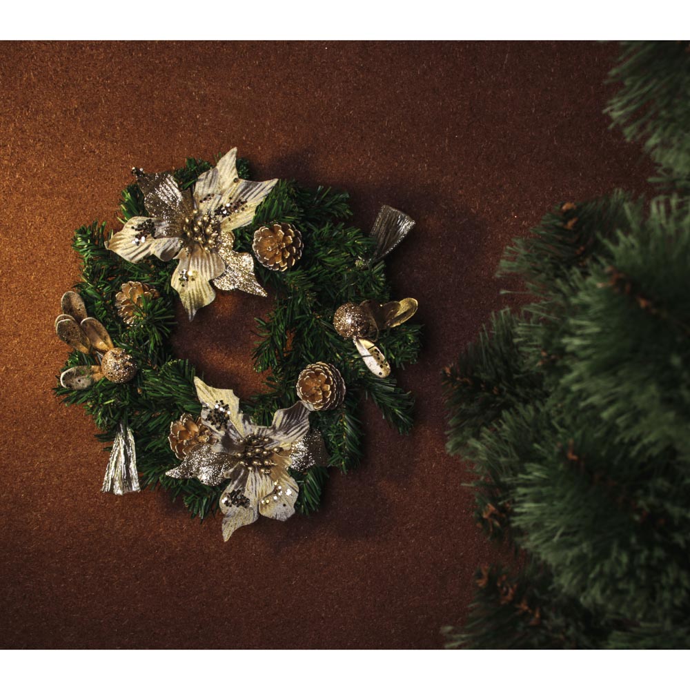 Венок Сноубум Рождественский еловый с цветами и шишками, шампань с золотом, 30 см - #5