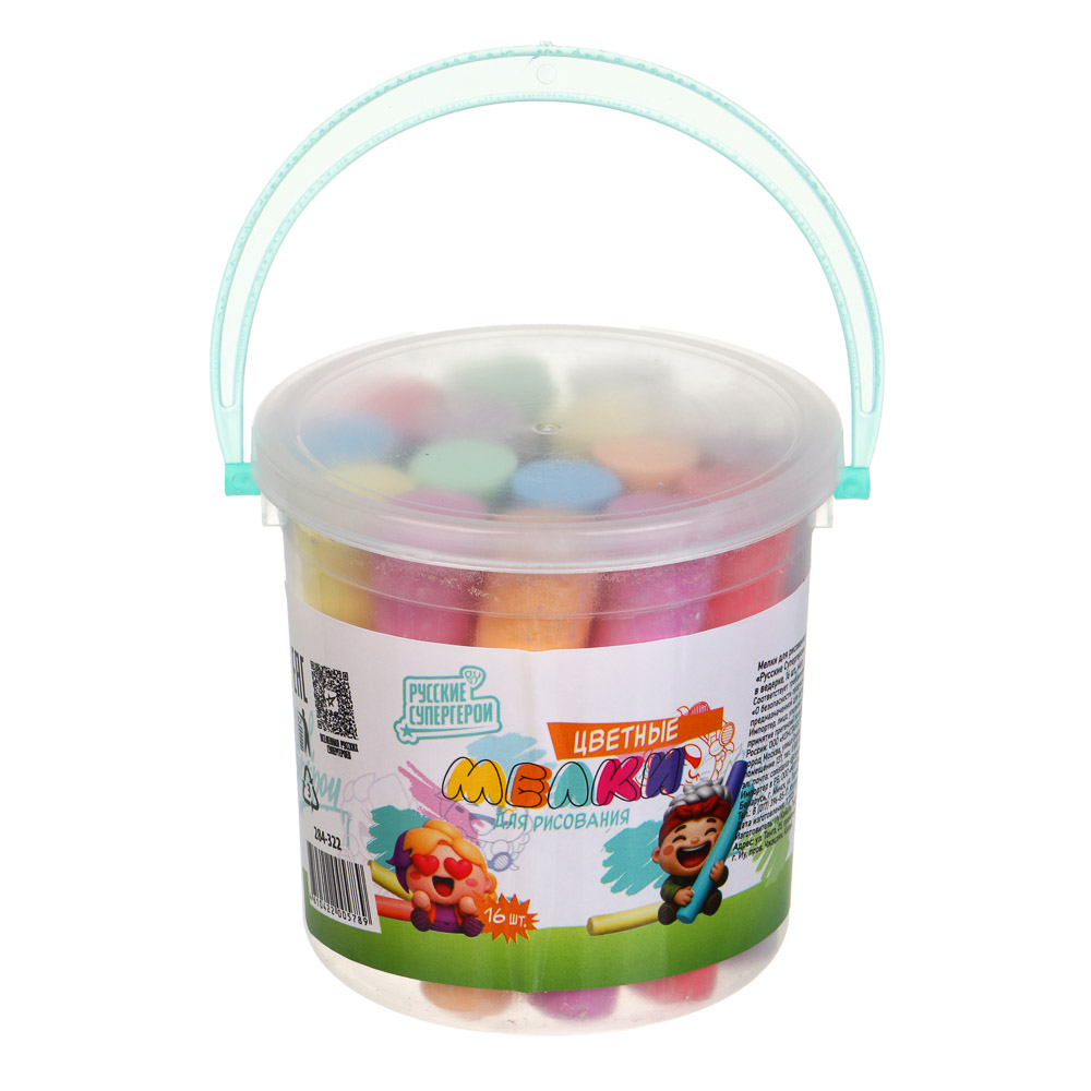 Мелки для рисования на асфальте «Русские Супергерои», BY, цветные в ведерке, 16 шт, мел, 9х9см - #1