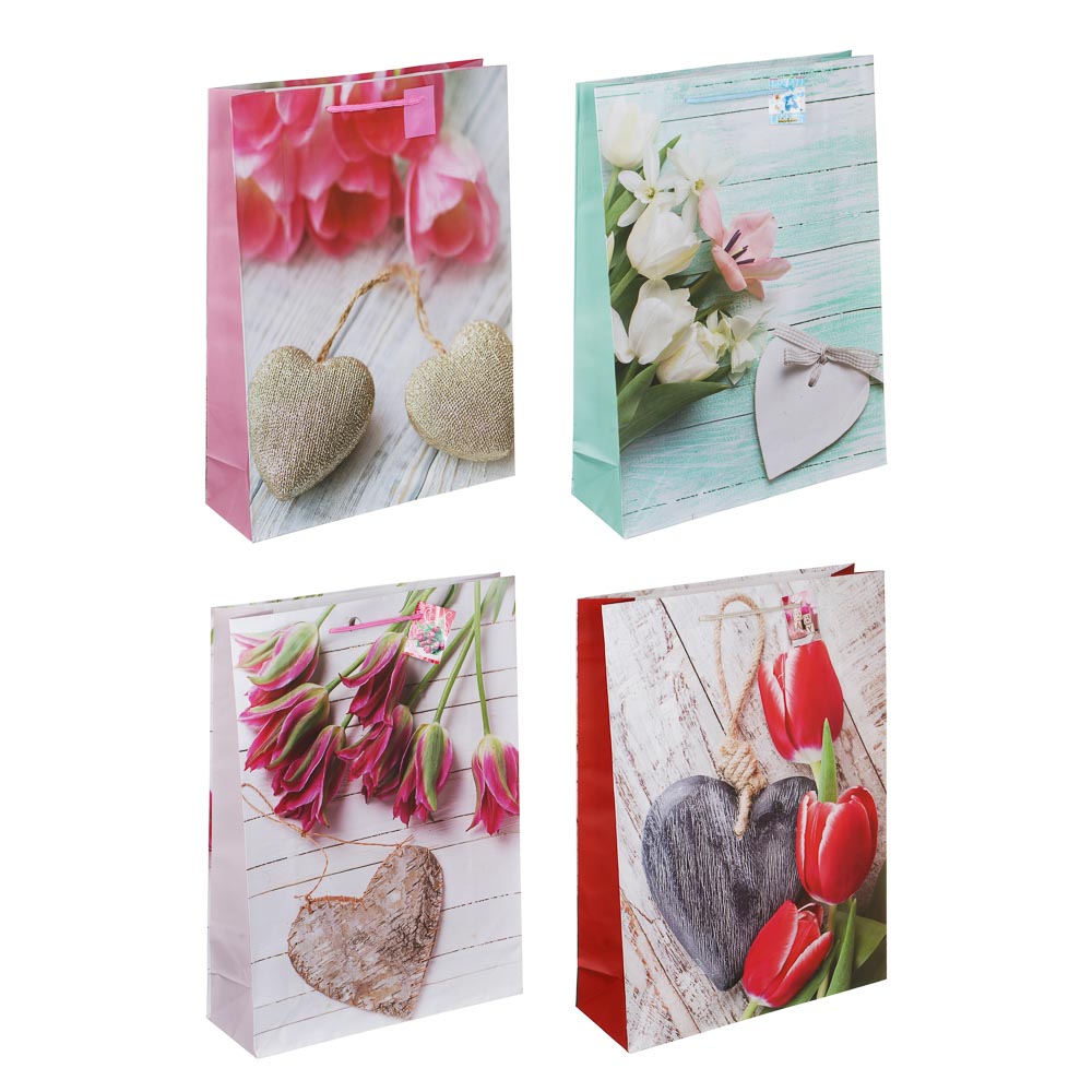 LADECOR Пакет подарочный, бумажный, 30x41x11 см, 4 дизайна, сердца и цветы - #1