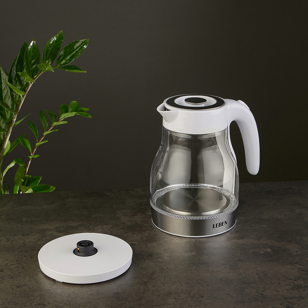 LEBEN Чайник электрический 1,7 л., 2200 Вт., стекло, белый пластик - #12