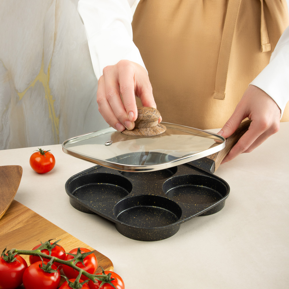 SATOSHI Карнуа Сковорода литая с крышкой, 4 секции, 18см, антипригарное покрытие мрамор, индукция - #17