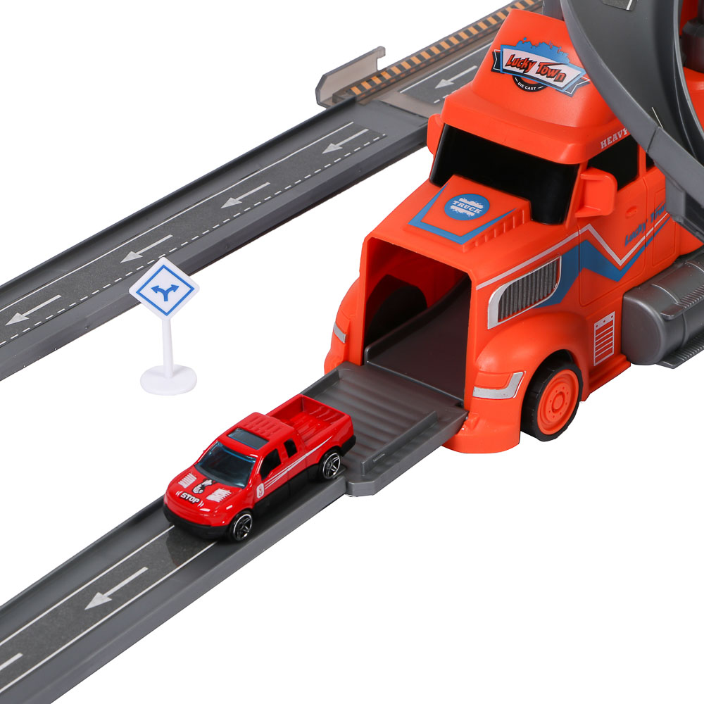 ИГРОЛЕНД Городской автовоз с треком, 5 машин, дорожные знаки, ABS, металл, 46,5х13х21 см - #4