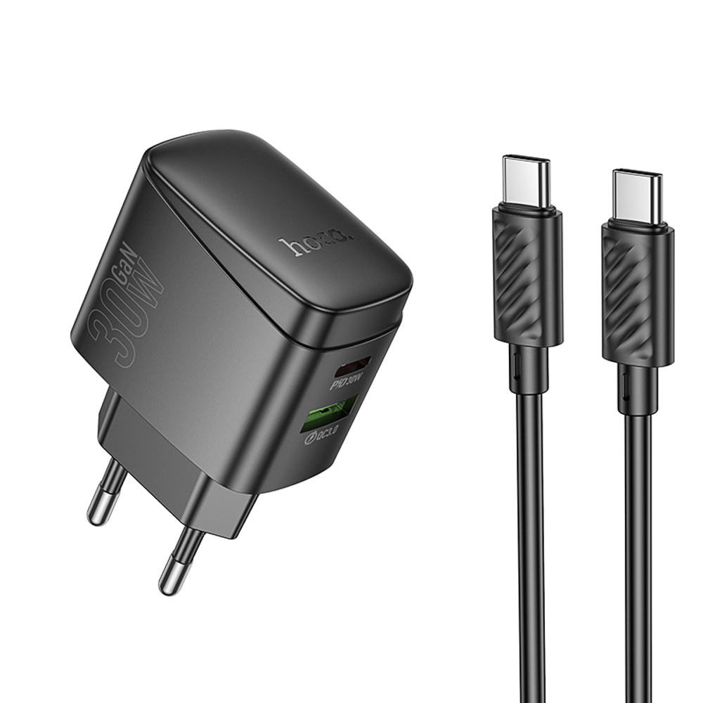 hoco. Зарядное устройство модель CS61A, USB+C 30W+ Кабель для зарядки С-С, цвет: черный - #1