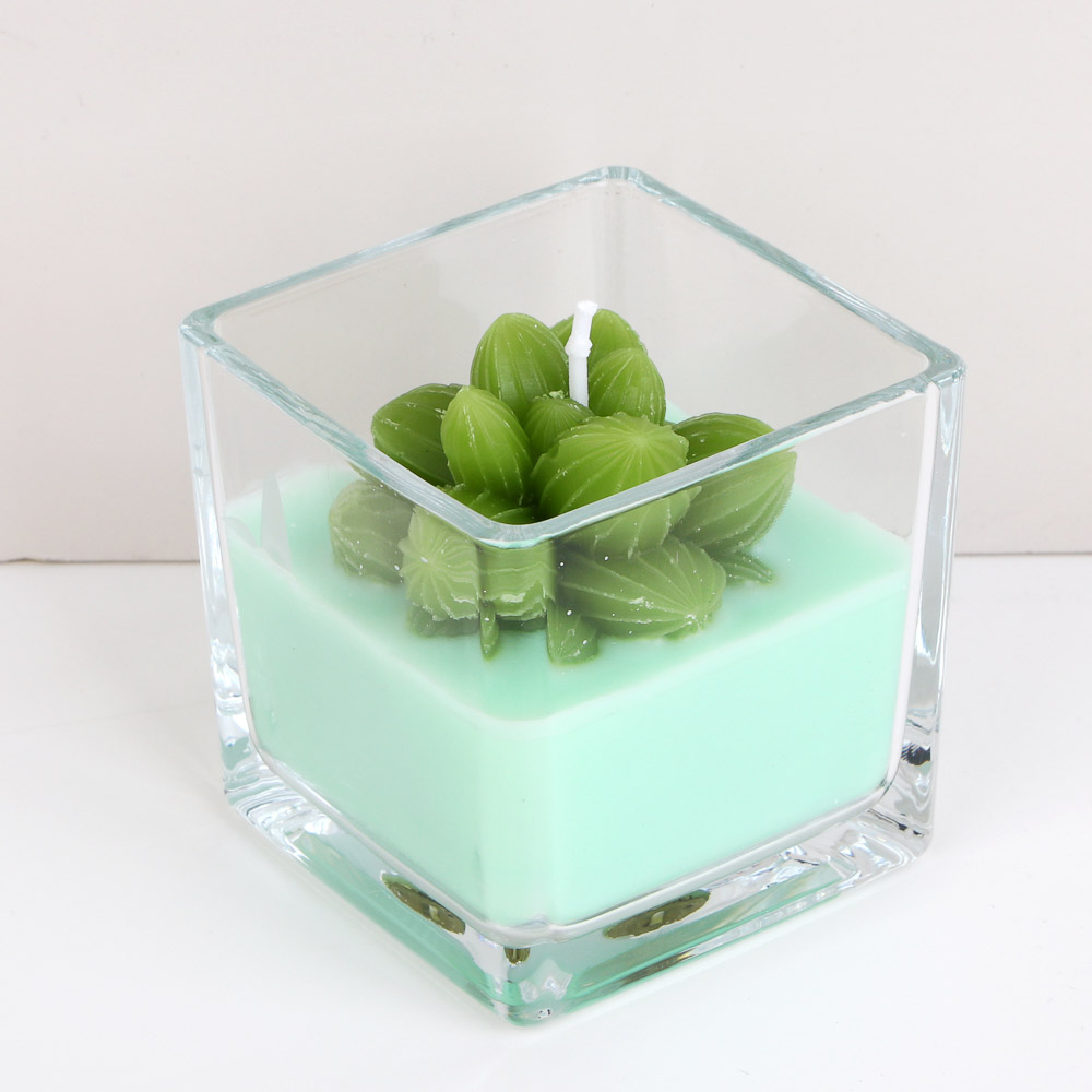 Свеча - кактус, парафин, 6x6,5 см, стеклянный подсвечник - #6