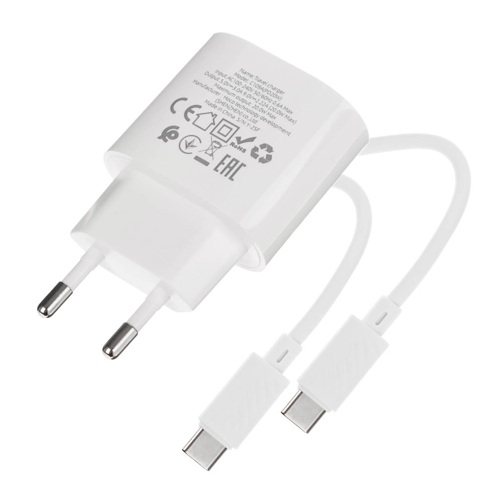 Сетевое зарядное устройство с кабелем hoco. модель C109A, USB-С 20Вт PD, каб C-C 1м, белый - #14