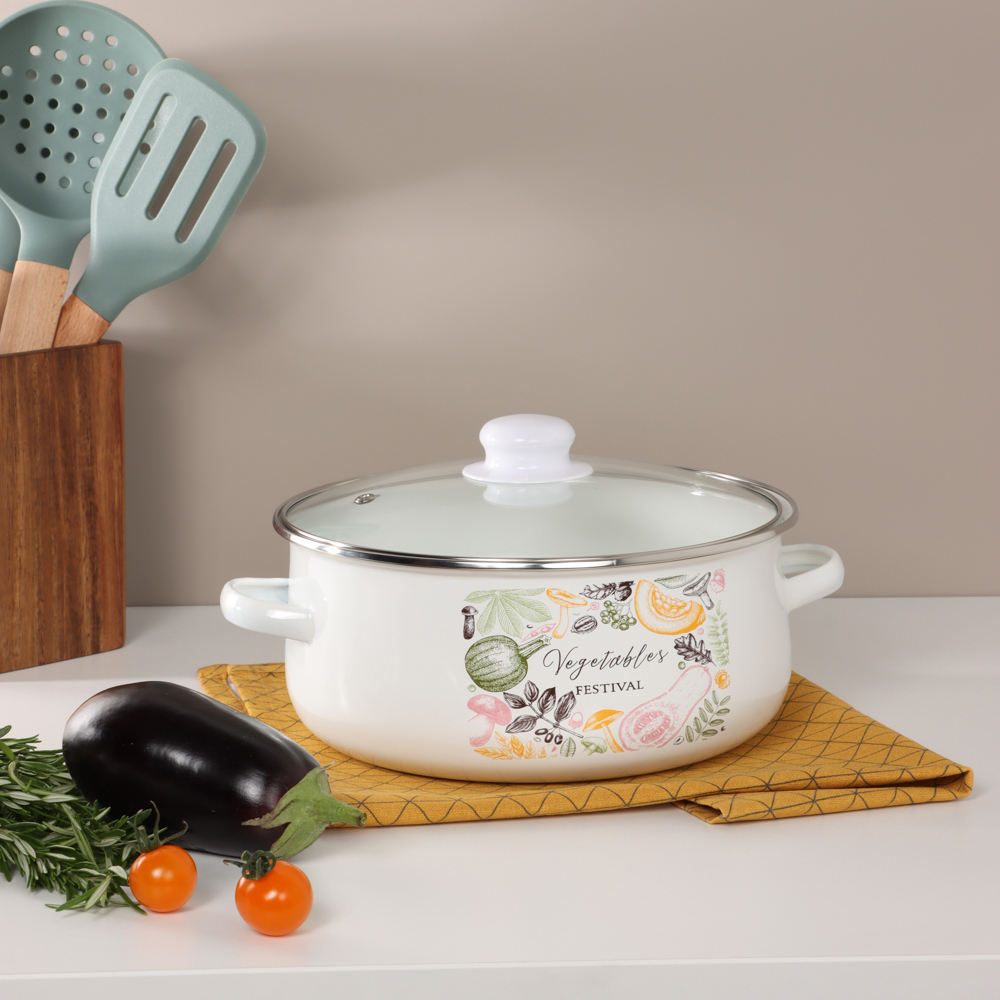 Набор эмалированных кастрюль со стекл. крышками, 4пр. (18/24см, 1,5/4л) "Овощной микс", индукция - #9