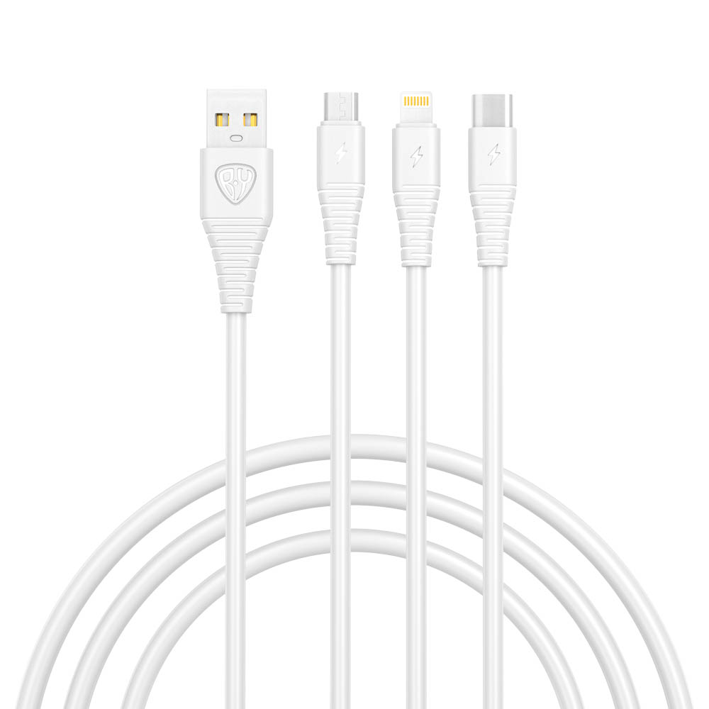 Кабель для зарядки 3в1 USB(A)-Type-C/microUSB/iP BY Base, 18W, 1,2 м, 3A, PVC, белый - #1