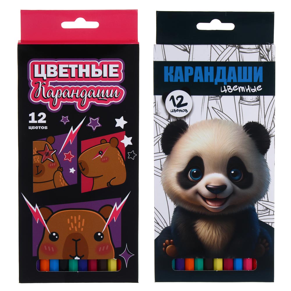 Карандаши пластиковые шестигранные, 12 цв., "Панда/Капибара", заточенные, цветная коробка - #1