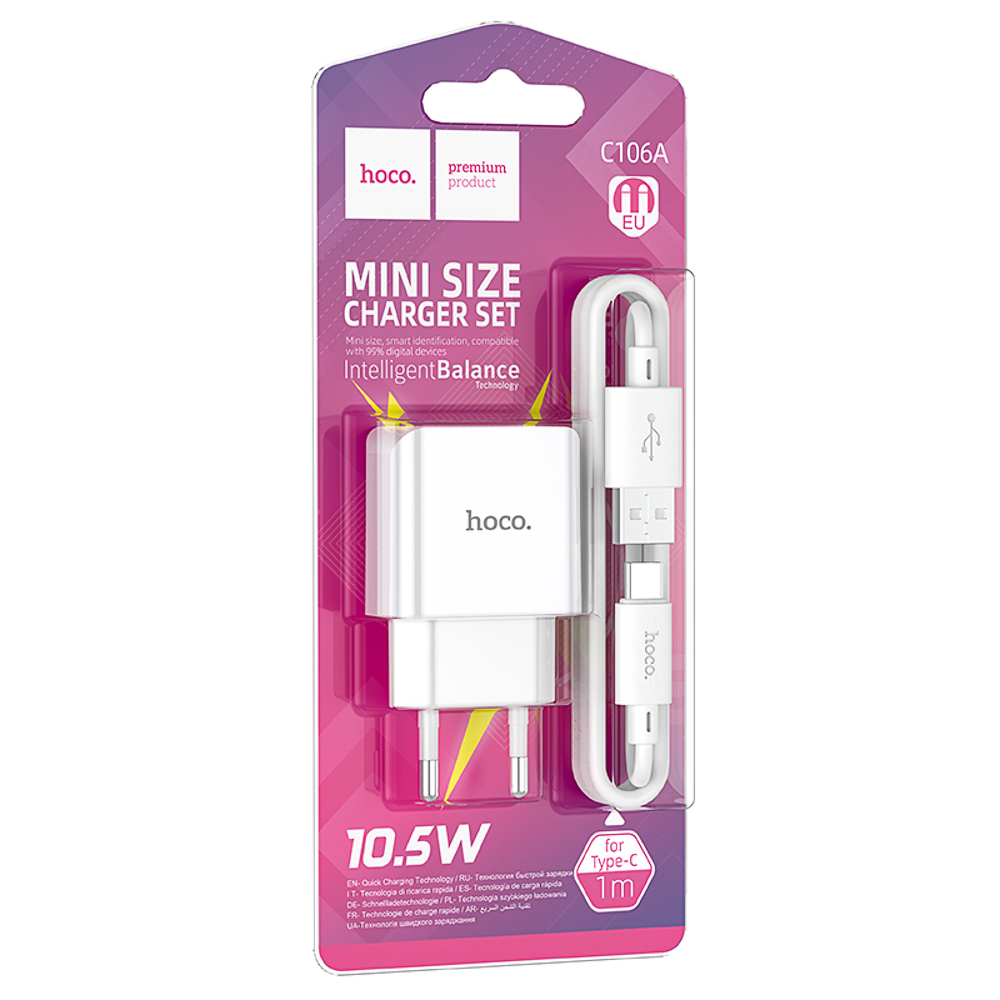 hoco. Комплект зарядное устройство с кабелем модель C106A, USB-A 10.5W, каб Type-C 1м, цвет: белый - #2